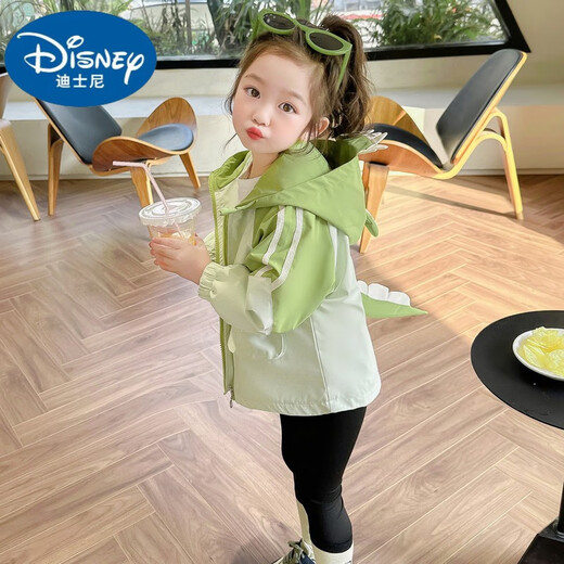 迪士尼女童秋季外套2025新款洋气儿童春秋款小恐龙连帽上衣女宝秋装衣服 绿色 110cm