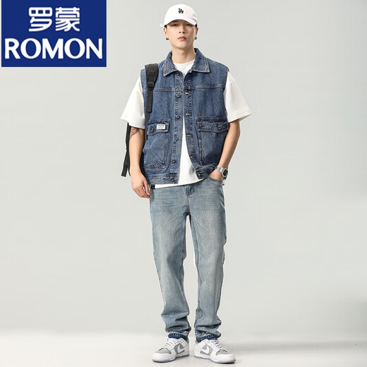 罗蒙（ROMON）2024牛仔马甲男无袖坎肩夹克男士春秋季潮流宽松百搭工装外套 9215蓝色 +9216蓝色 S