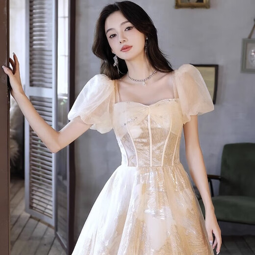 丽佰昕法式晚礼服女高级感香槟色高端轻奢小众仙气轻纱主持人声乐艺考裙 香槟色 3XL  建议130-135斤