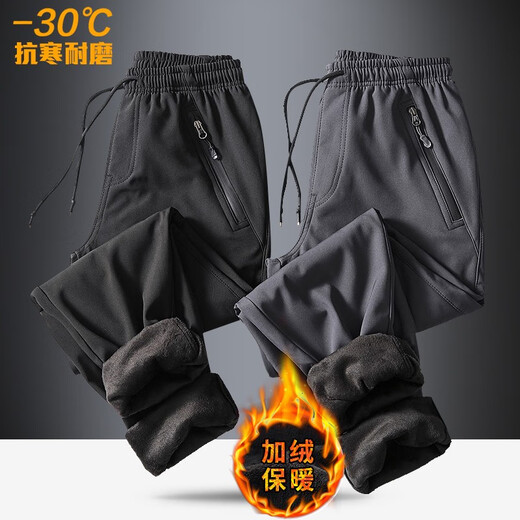 北州人冲锋裤加绒加厚户外软壳防风防水羊羔绒保暖大码登山裤滑雪裤 黑色男（平脚）9928 M