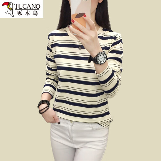 Specht 2024 neuer reines Baumwoll-Hals mit langem T-Shirt für Frauen im Frühjahr und Herbst lose lässige und vielseitige Basishemd Top 838# Long.Sleeved [hellblau] M Empfohlen 80-Jin [Jin gleich 0,5 kg]