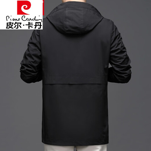 皮尔卡丹（pierre cardin）【易穿搭】中长款风衣男士连帽衫外套春秋季宽松大码运动休闲 黑色 180/XL