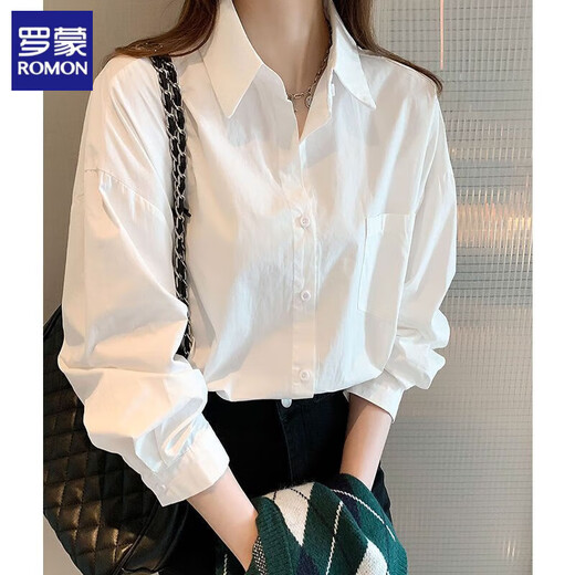 ROMON cotton shirt for women in autumn new design niche top casual bottoming shirt versatile inner layering shirt white XL recommended 120-135 Jin Jin equals 0.5 kg