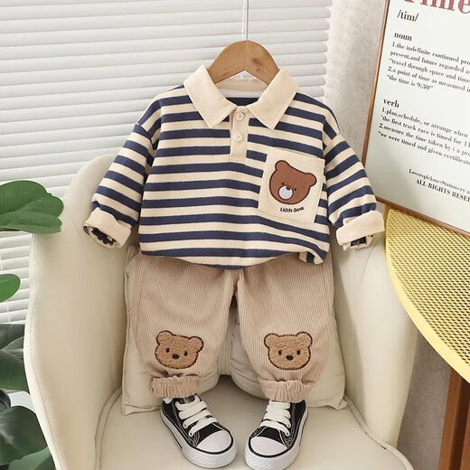 Disneys neuer Kinderanzug Boy's Sweatshirt Baby Kleidung Frühling und Herbst gutaussehende modische Baby Spring Zwei-teilige Set lässige Kinderkleidung Blaues Revers Streifen Bären Set 80