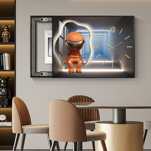 HanXUAN (HANXUAN) light luxury meter box decoration painting with clock distribution box cover without holes modern simple hanging painting astronaut watch K11968 50*40cm (cover 40*30) left push and pull black frame