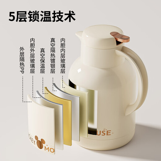 Disney thermos kettle household thermos kettle thermos thermos thermos flask glass liner push-type 2L cream platinum