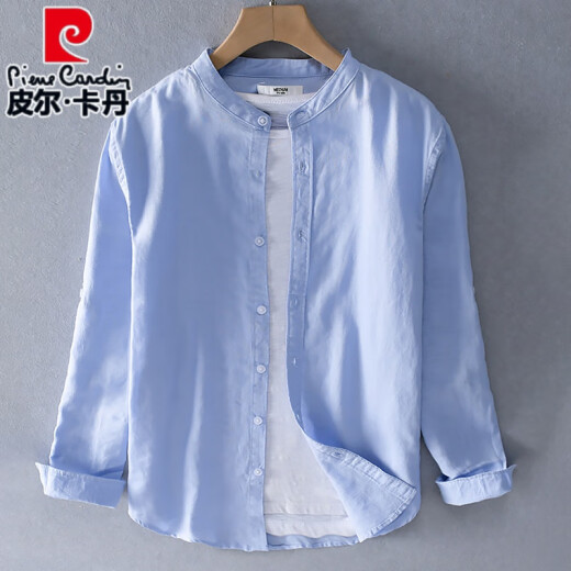 皮尔卡丹（pierre cardin）春夏季小立领亚麻衬衫男装长袖无领衬衣休闲圆领棉麻布上衣服外套 9207军绿色 M