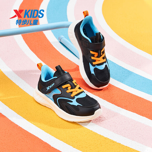 特步童鞋儿童跑鞋幼小童革面拼接柔软舒适运动跑鞋防滑魔术贴跑鞋 黑/纯净蓝 31