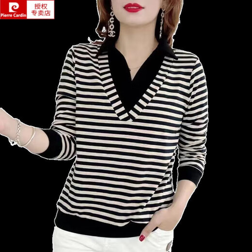Pierre Cardin long-sleeved T-shirt for women 2025 autumn and winter striped loose large splicing fake two-piece sweatshirt middle-aged mother m-shirt top 1695 black and white 3XL