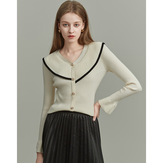 Demana French style winter V-neck velvet yarn ruffles contrasting color cardigan fungus edge knitted sweater women's top