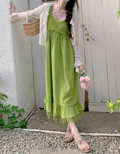 Gem City high-end white suspender dress draped bohemian travel seaside vacation skirt super fairy dress 4333 long skirt M
