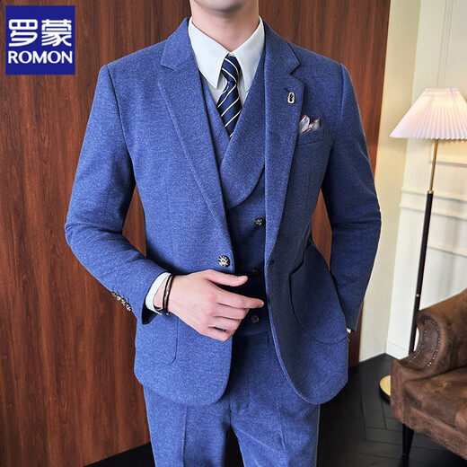 ROMON Woolen Suit Men's Autumn and Winter Suit Men's Business Formal Thickened Groom Wedding Suit Three-piece Set Black Three-piece Set + White Shirt Free Tie XL