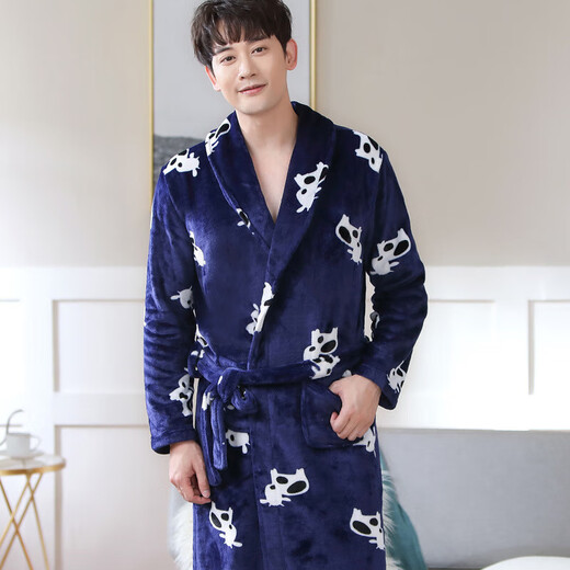 Yalu 25th Autumn and Winter New Men's Nightgown Coral Velvet Home Clothes Warm Flannel Large Size Bathrobe Large Size Home Clothes NSCJF-Light Gray Bathrobe Men's Y809 One Size