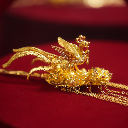 Suyi embroidered golden phoenix crown with tassels, grand antique style wedding hairpin, beautiful dress, hair accessories, bridal headdress, phoenix hairpin (single)