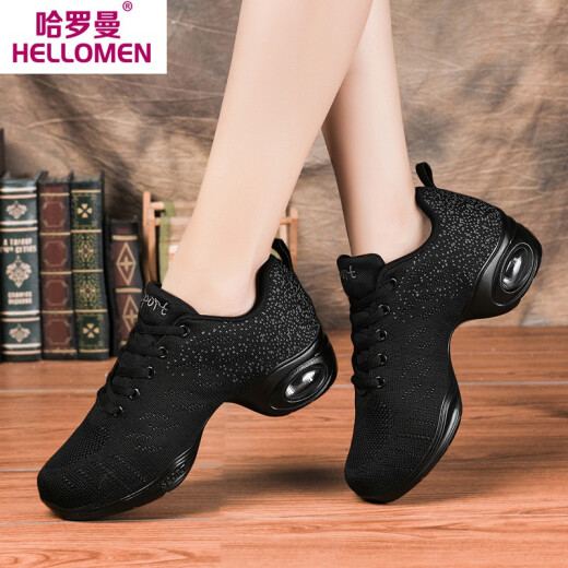 Harroman spring and summer new soft-soled mesh dance shoes, jazz dance shoes, increased dance shoes, casual shoes, square dance shoes for women 977 black 37