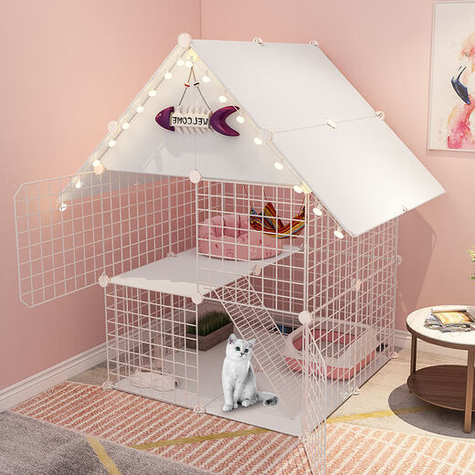 Cat Cage Home Indoor Cat Villa with Toilet Clearance Large Extra Large Free Space Small Cat Nest Cattery Three-story Small Bungalow + Pink Jump Platform - Multi-Cat Paradise Exclusive Model Hardcover Model + Cat Litter Box + Dual-Purpose Cat Bowl