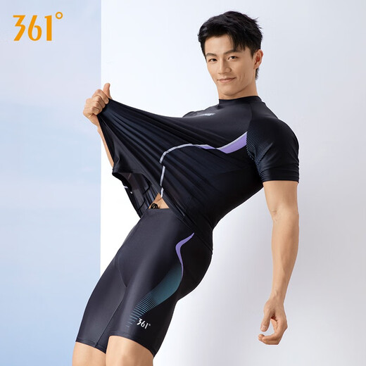 361 Swimsuit Men's Suit Swimsuit Youth Adult Boys Large Size Swimming Top Men's Hot Spring Swimming Shorts Set Black [Single Short Sleeve Top] XL Height 170-180cm Weight 65-75kg