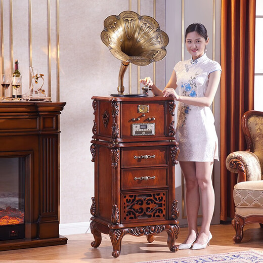 SHENGLINA American solid wood gramophone antique audio European living room retro vinyl record player old classical record player cherry color upgraded karaoke function