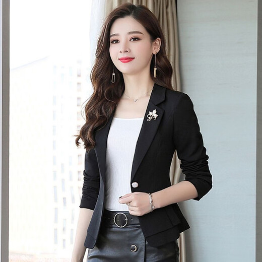 Woodpecker with skirt short small suit for women 2025 spring and autumn new slim waist professional suit small man jacket formal black L recommended 110-120 Jin Jin equals 0.5 kg