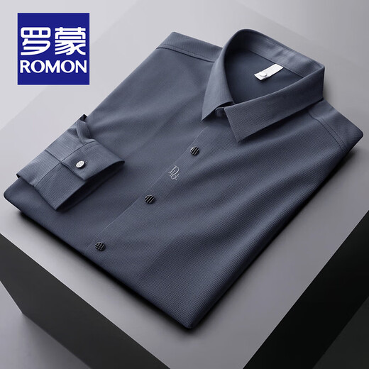 罗蒙（ROMON）高档轻奢四面弹长袖衬衫男士抗皱春秋商务无痕休闲衬衣免烫易搭理 长柚-6018蓝色 2XL 码