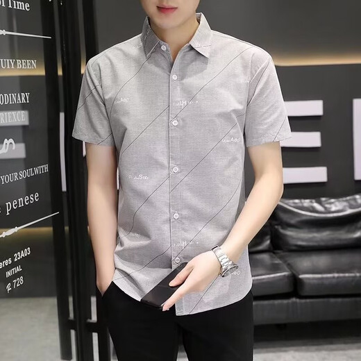 
XUANLAIYA men's short-sleeved shirt jacket summer large size half-sleeved solid color casual slim Korean style trendy youth shirt men 826 blue 2XL