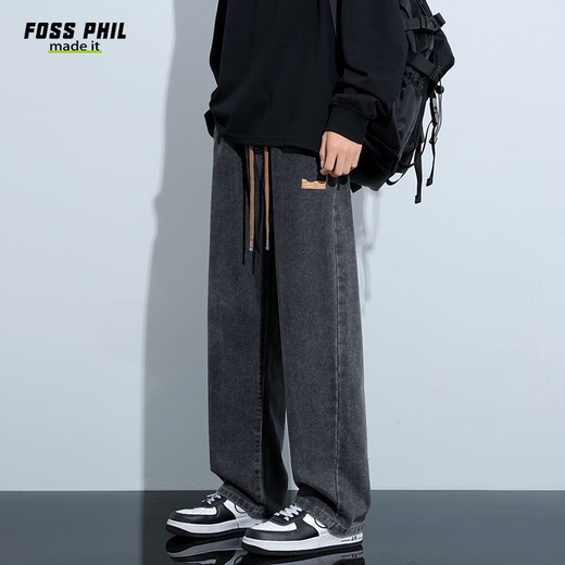 Foss Phil牛仔裤子男士春夏季宽松阔腿直筒裤子休闲裤838黑灰3XL