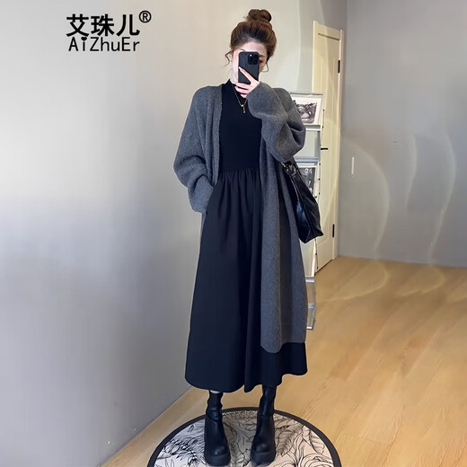 Aizhuer Kleid (Aizhuer) neuer Modeanzug für Frühling und Herbst 2025 Tragen Sie einen kompletten Set kleiner gestrickter Jacke für Frauen Strick -Strickjacke + Kleid (Anzug) l