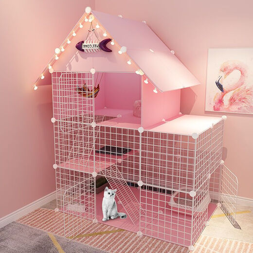 Cat Cage Home Indoor Cat Villa with Toilet Clearance Large Extra Large Free Space Small Cat Nest Cattery Three-story Small Bungalow + Pink Jump Platform - Multi-Cat Paradise Exclusive Model Hardcover Model + Cat Litter Box + Dual-Purpose Cat Bowl