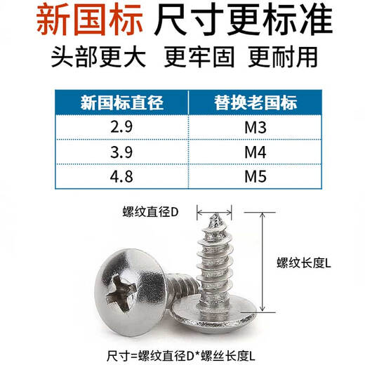 Jinggong 304 stainless steel large flat head self-tapping screws mushroom head umbrella head screws large head self-tapping screws wood screws M2.9*9.5 50 pieces
