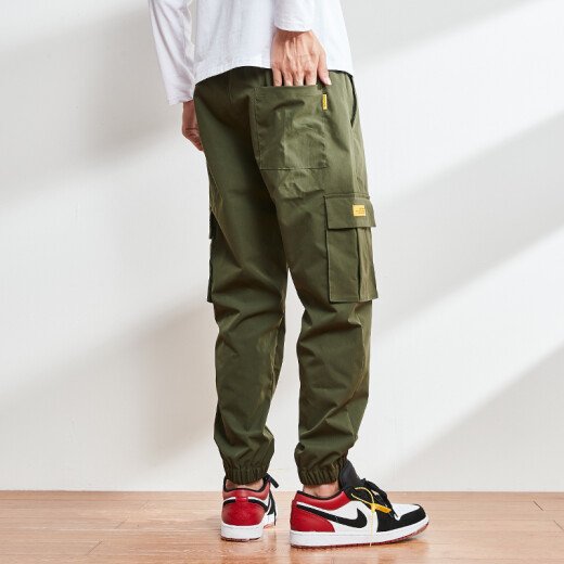 INTERIGHT[Two pieces] Casual pants men's sports pants men's small-foot nine-point pants trendy loose trousers men's ankle overalls men's casual men's wear 1936 black + military green M