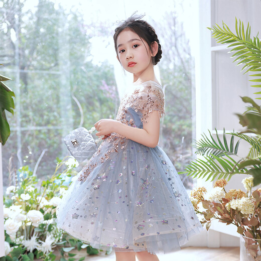 小咔衣浓女童礼服儿童生日公主裙蓬蓬纱花童婚纱高端女孩主持人钢琴演出服 1591蓝色前短后长 130