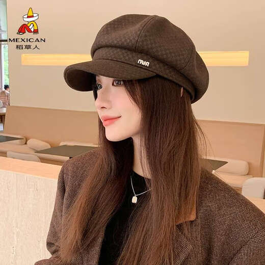 Scarecrow Beret Hat Women's 2024 Autumn and Winter New Korean Version Ins Versatile Octagonal Hat Showing Face Small Japanese Retro Newsboy Hat Black One Size