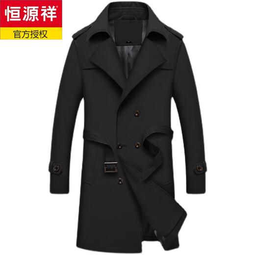 Hengyuanxiang men's windbreaker spring and autumn new style men's 2024 British style mid-length double-breasted top men's spring coat trend 1911 black M