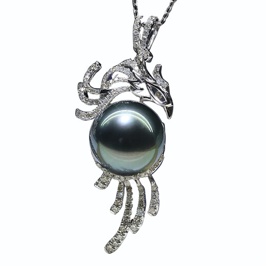 Moh's Tahitian seawater black pearl 18K gold set with diamonds, perfect round, flawless quality, customized model, shipped in 10-15 days Tahitian black pearl pendant 13-14mm