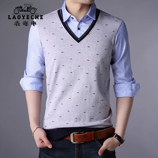 Classic Car (Laoyeche) High-End-Herren-T-Shirt mit falschem zweiteiligen Langarm Jugend-Basishemd Korean Slim Strick-Modetrendmodell 3878 Blau M 165