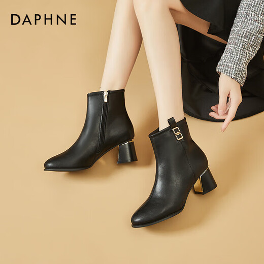 Daphne high heels women's French thick heel short boots heightening slimming leather boots for women 4622607023 black (plus velvet) 36