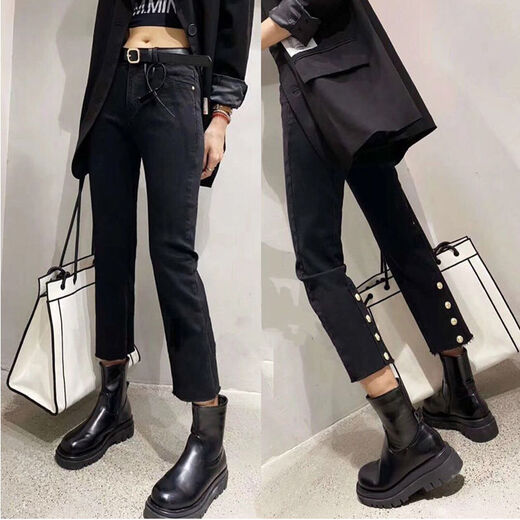 Ran Yilan Europe Station 202 Herbst und Winter Neue Fett -M -Jeans für Frauen, schlankende Zigarettenhosen, Zigarettenhosen, geschnittene Hosen, 693 hintere Knopfhosen, hohe elastische Feder- und Herbststil 8xl S 8095jin [Jin gleich 0,5 kg]