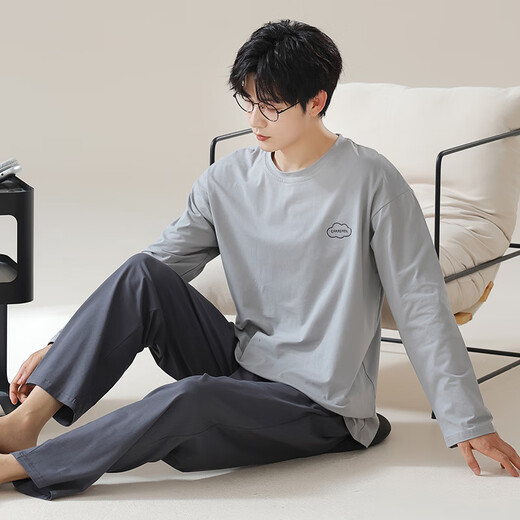 Langsha men's pajamas men's pure cotton 7A antibacterial and mite removal spring and autumn long-sleeved round neck suit can be worn outside simple home clothes