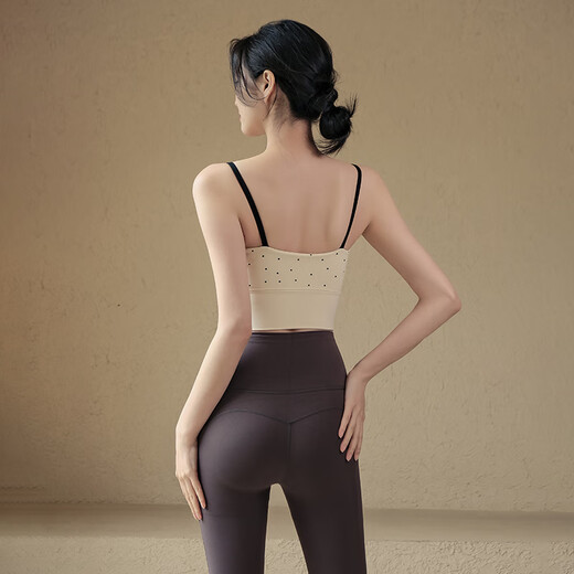 Aisunstyle sports bra women's shock-proof auxiliary breasts fixed cup yoga clothing vest suspender Pilates training fitness bra summer S Hepburn breast apricot