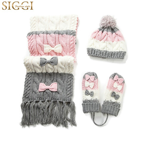 Siggi 帽子围巾手套三件套女秋冬天韩版潮可爱蝴蝶结加绒保暖套装 粉色（礼盒装） 围巾200*30CM