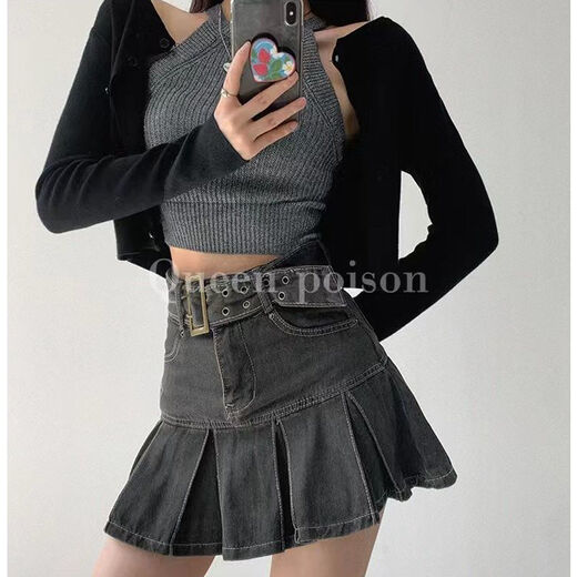 
Langwei Feray retro American hot girl ripped hip skirt for women spring and summer new high-waist A-line half-body pleated short skirt 16851 retro blue [no lining] S (80-95Jin [Jin equals 0.5 kg])