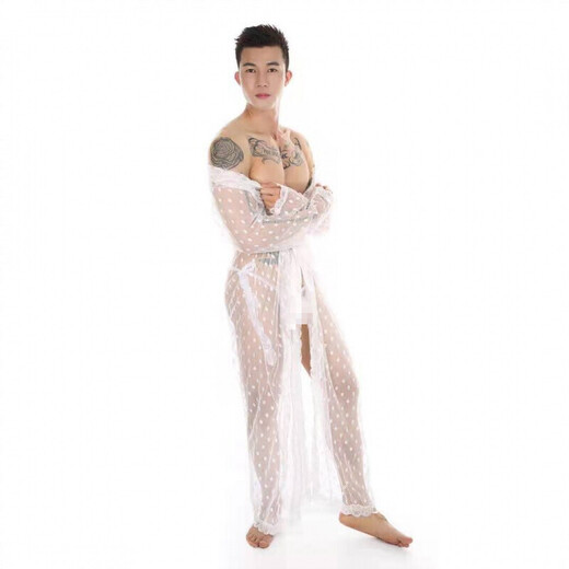 Sexy underwear men's underwear thong sexy sexy lace bathrobe long transparent slit S g094 black nightgown + underwear