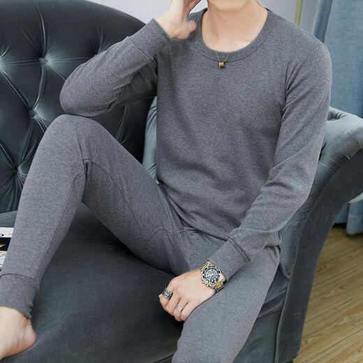 Modal Cotton Thermal Underwear Men's Thin Slim Autumn Clothes and Autumn Pants Set Middle-aged Uncle Autumn and Winter Shirts and Underpants Pure Cotton Bottoming Shirt Slim and Comfortable Solid Color Versatile Skin Friendly and Breathable Round Neck Light Gray XL