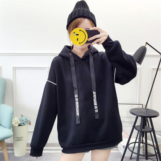 Langyue women's autumn and winter solid color hooded plus velvet sweatshirt women's Korean style loose bf style student top trendy LWWY198818 black one size/M