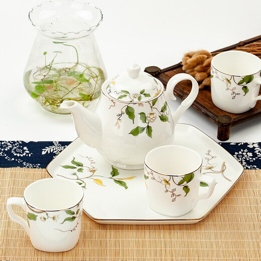 Jin Lan Jade Tangshan Bone China Water Set Home Simple Living Room Teapot Set Tea Set Flower Tea Cup Chinese Ceramic Water Set Champs-Elysées - Tray + Magnolia Pot + 6 Water Cups with Handles