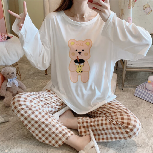 莫代尔春秋季睡衣女纯棉长袖套装卡通可爱秋冬家居服薄款宽松圆领可外穿 HLY长袖圆领9901 均码 140斤内可穿