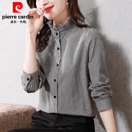 Pierre Cardin black and white plaid shirt women's long-sleeved stand-up collar fungus lace cardigan top Korean style spring and autumn loose bottoming versatile black and white plaid S 75-95Jin Jin equals 0.5 kg