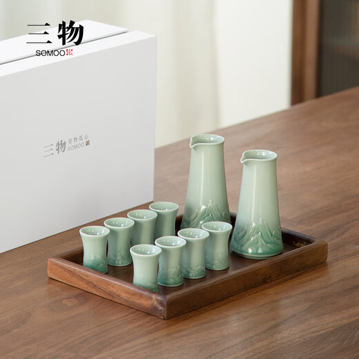 Sanwu Shanhai light luxury Chinese style wine dispenser set white wine cup small household one-cup ceramic wine set Father's Day gift Shanhai wine set_two pots and eight cups + tray