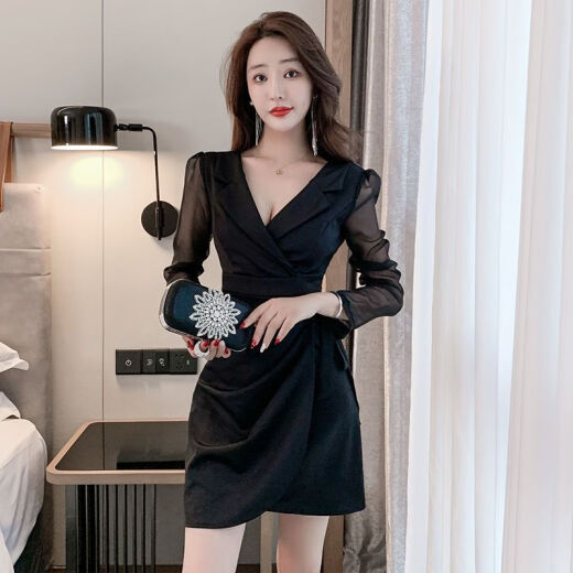 Knocking Dress Pure Lust Style Royal Sister Autumn New Style Women's Work Clothes Long Sleeve V-neck Nightclub Sexy Black S