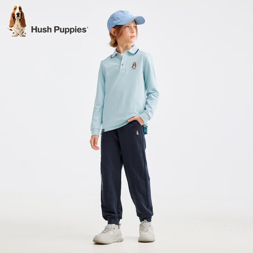 Hush Puppies preppy style children's clothing for boys and older children spring and autumn new style comfortable casual long-sleeved POLO shirt glass blue 170 cm slightly thin